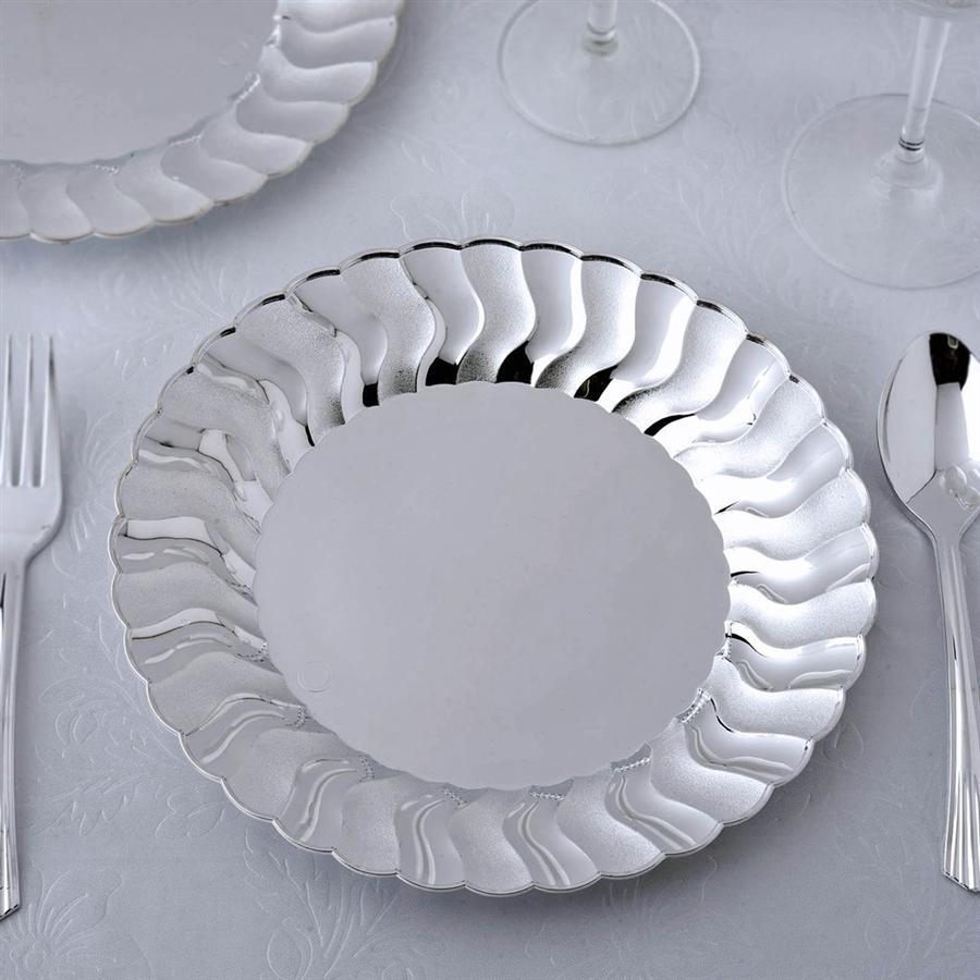 Balsacircle 12 Pcs Silver Disposable Plastic Round Plates with Flared Rim for Wedding Reception Party Buffet Catering Tableware, Size: 9 inch