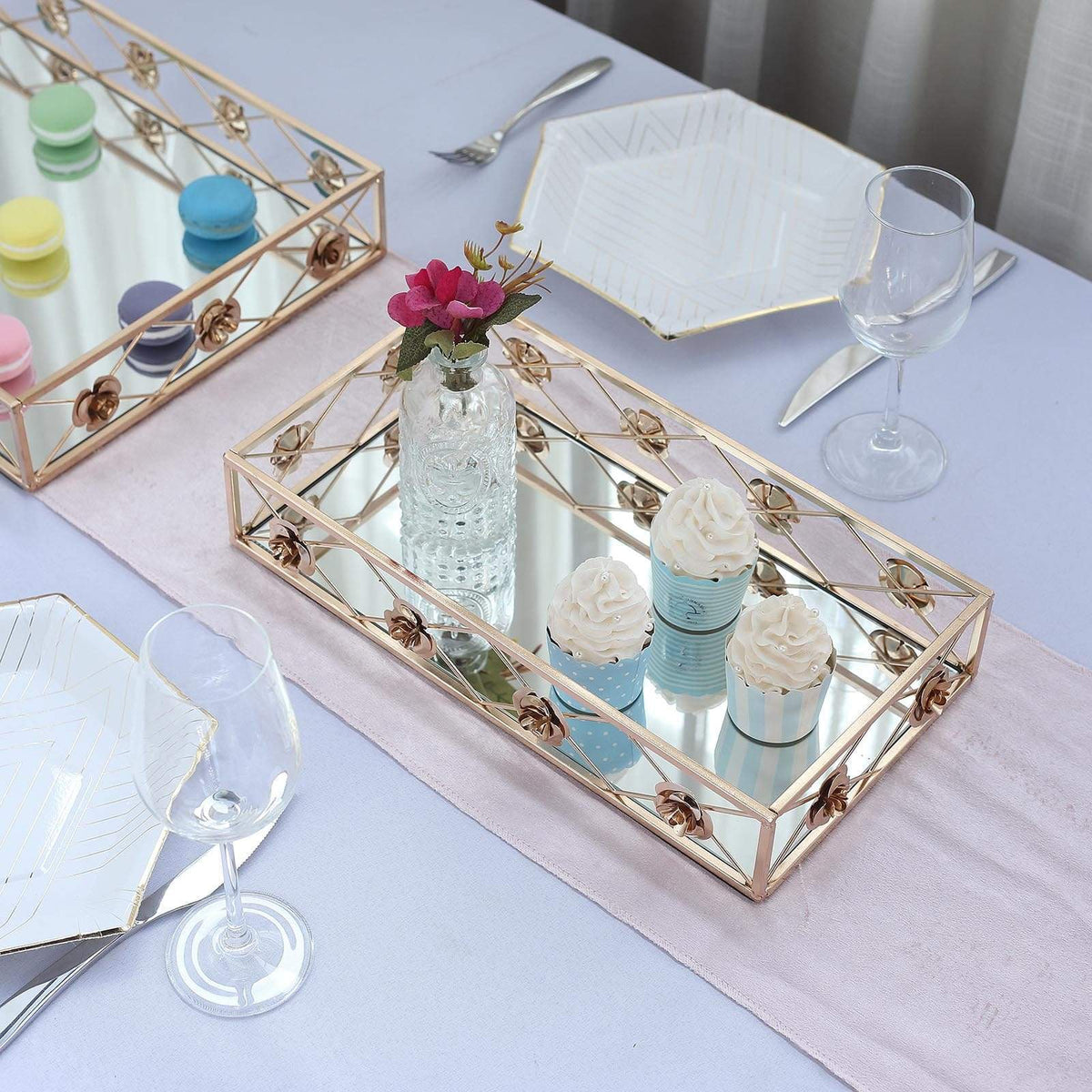 Balsacircle 2 Gold Mirrored Metal Rectangle Floral Trimative Serving Trays Balsacircle 2 Gold Mirrored Metal Rectangle Floral Trimative Serving Trays