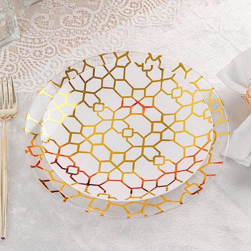 20 Round Disposable Salad and Dinner Plastic Plates with Gold Geometric Design