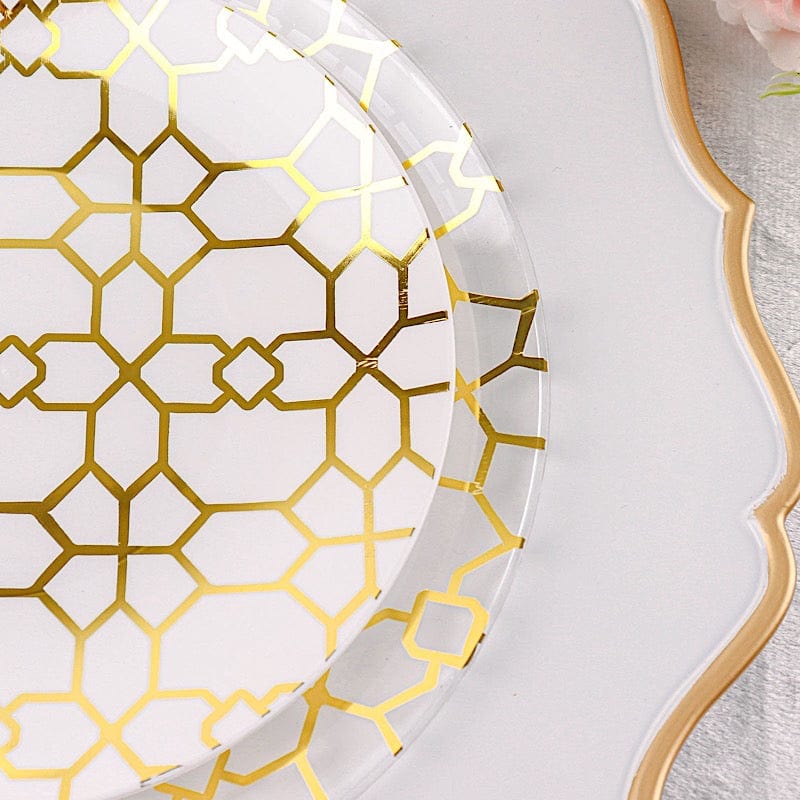 20 Round Disposable Salad and Dinner Plastic Plates with Gold Geometric Design