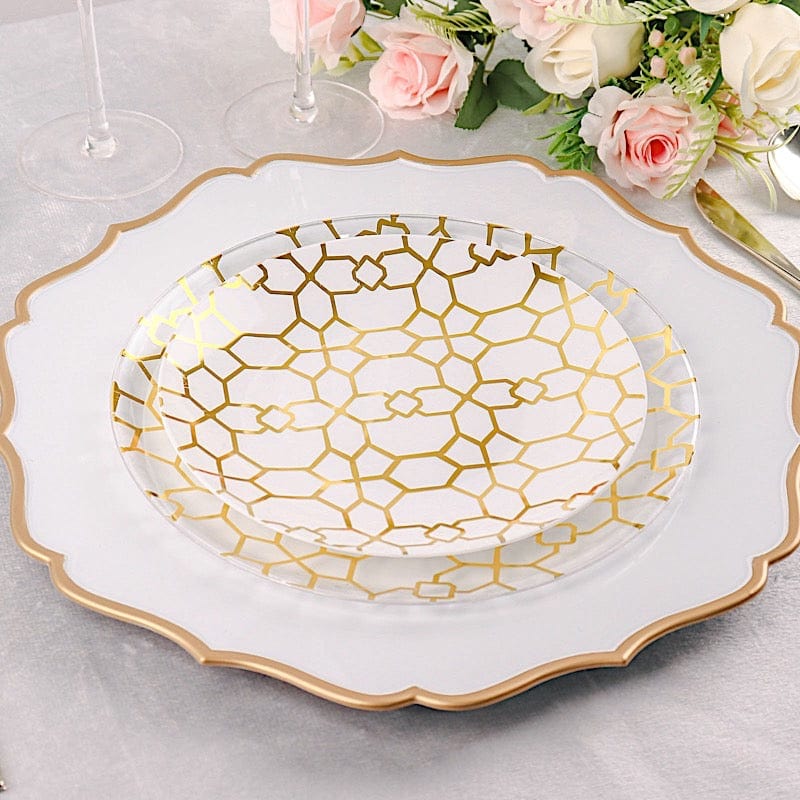 20 Round Disposable Salad and Dinner Plastic Plates with Gold Geometric Design