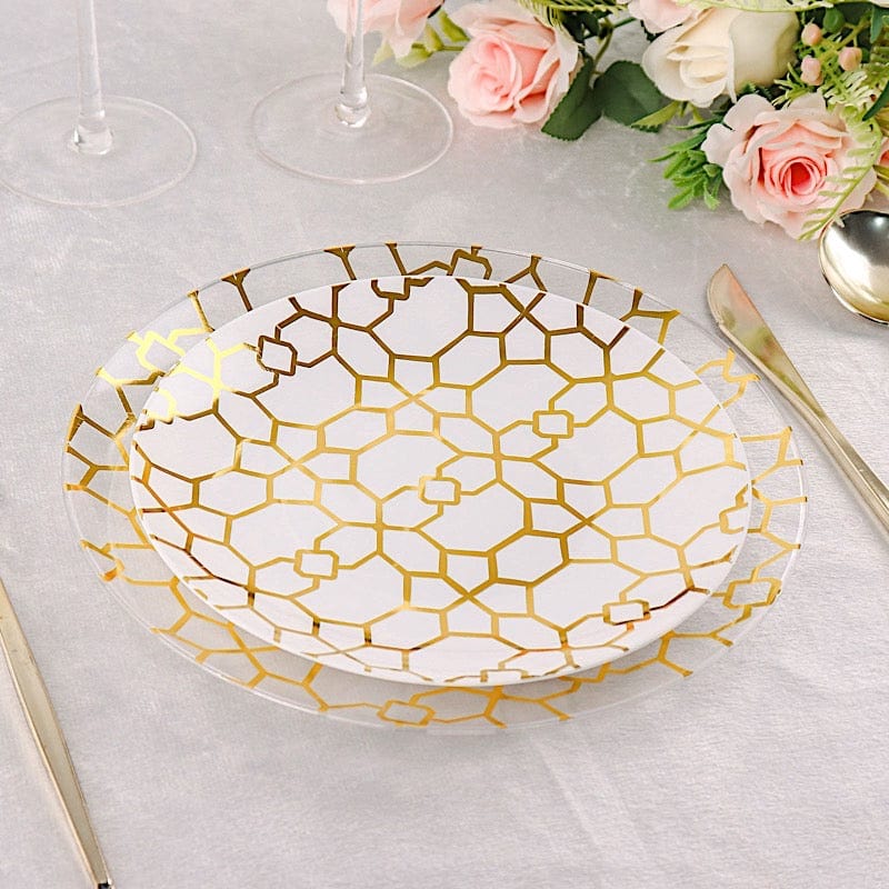 20 Round Disposable Salad and Dinner Plastic Plates with Gold Geometric Design