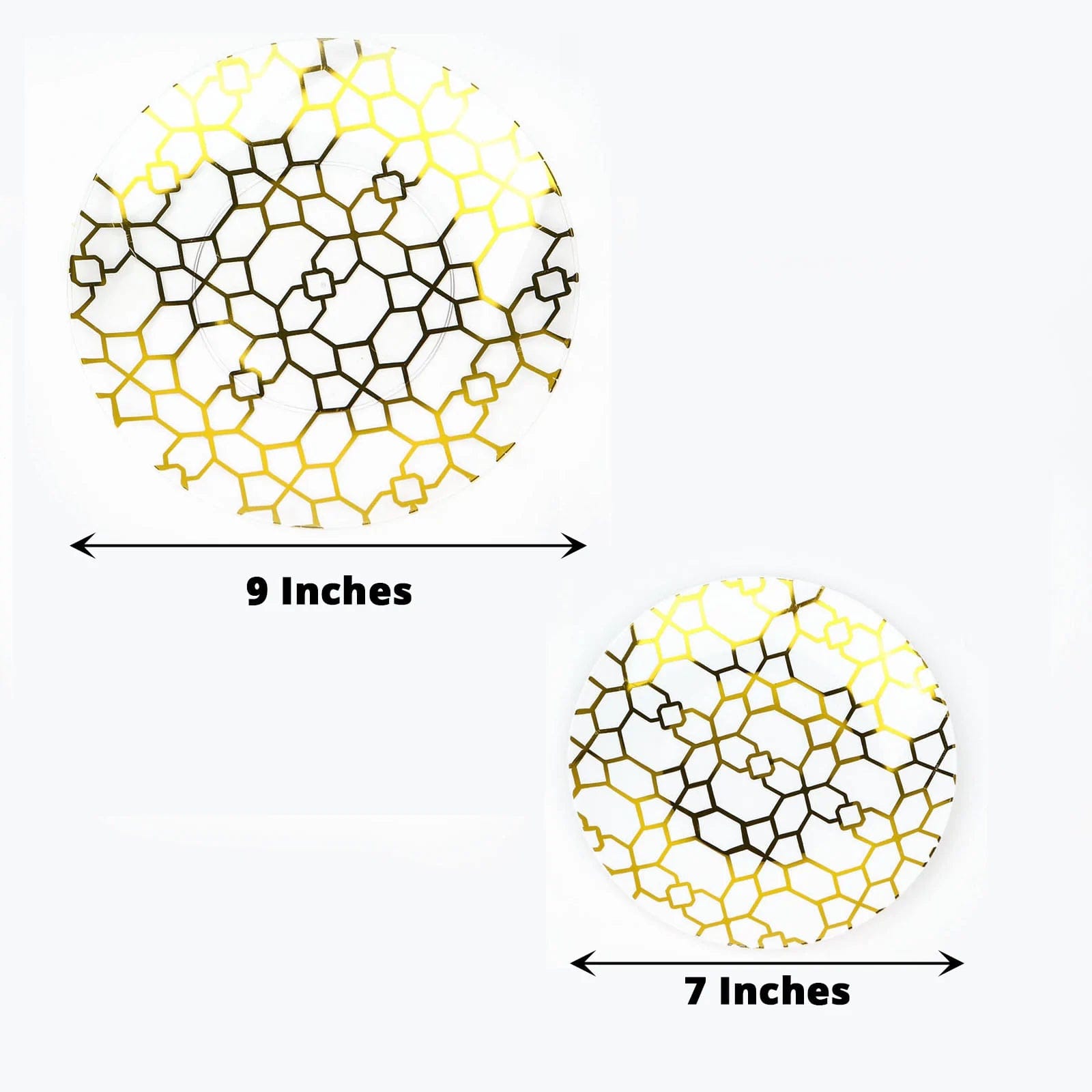 20 Round Disposable Salad and Dinner Plastic Plates with Gold Geometric Design