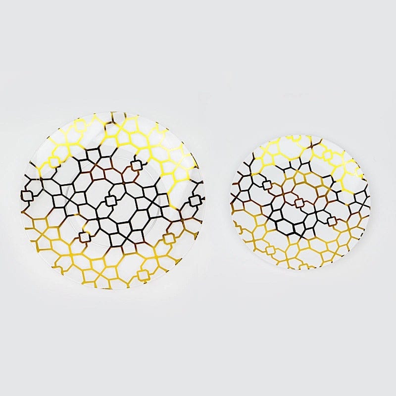20 Round Disposable Salad and Dinner Plastic Plates with Gold Geometric Design