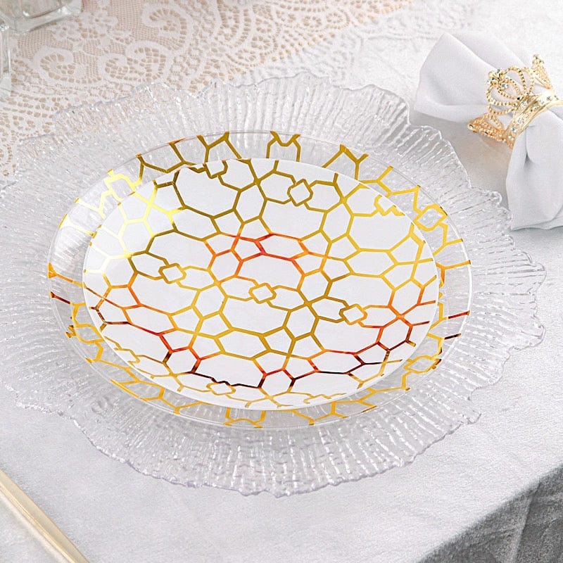 20 Round Disposable Salad and Dinner Plastic Plates with Gold Geometric Design