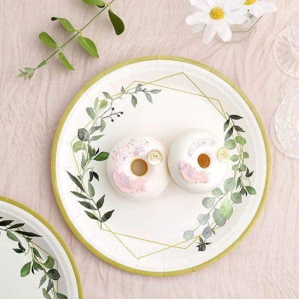 24 White Round Disposable Paper Salad and Dinner Plates with Leaf and Gold Trim