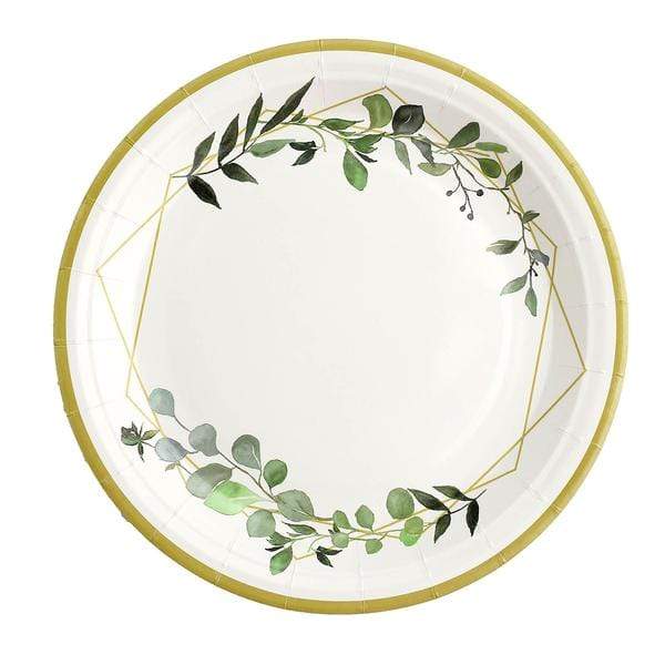 24 White Round Disposable Paper Salad and Dinner Plates with Leaf and Gold Trim