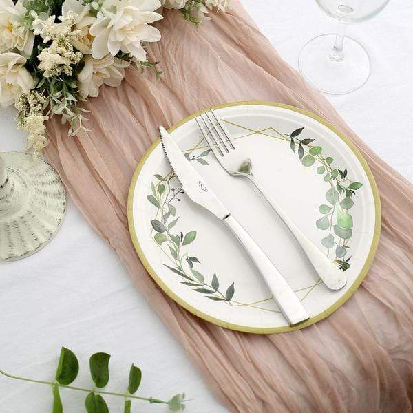 24 White Round Disposable Paper Salad and Dinner Plates with Leaf and Gold Trim