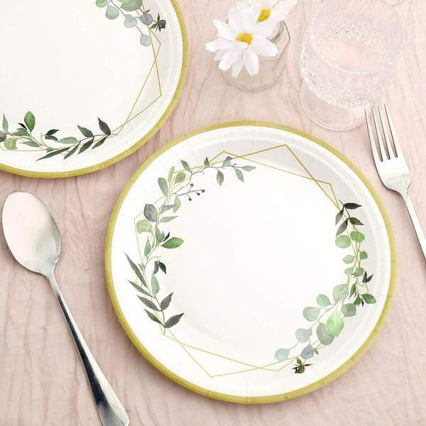 24 White Round Disposable Paper Salad and Dinner Plates with Leaf and Gold Trim