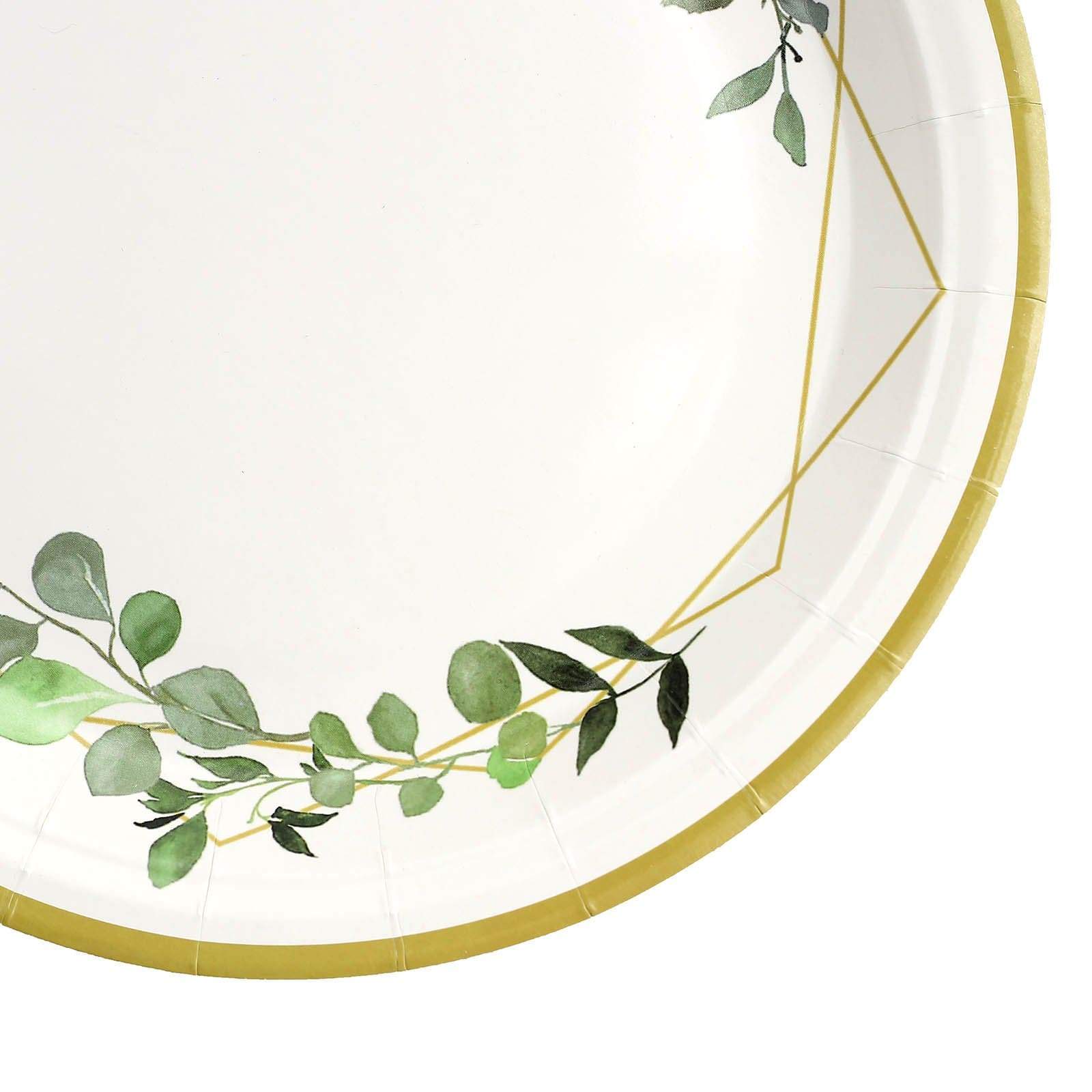 24 White Round Disposable Paper Salad and Dinner Plates with Leaf and Gold Trim
