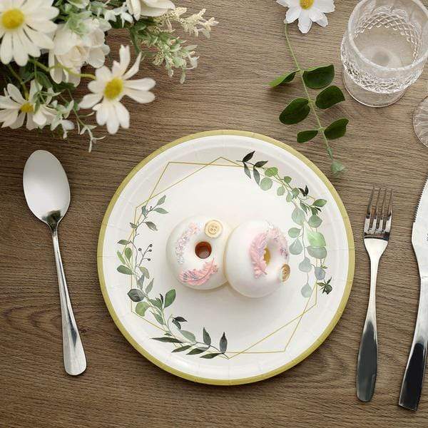 24 White Round Disposable Paper Salad and Dinner Plates with Leaf and Gold Trim