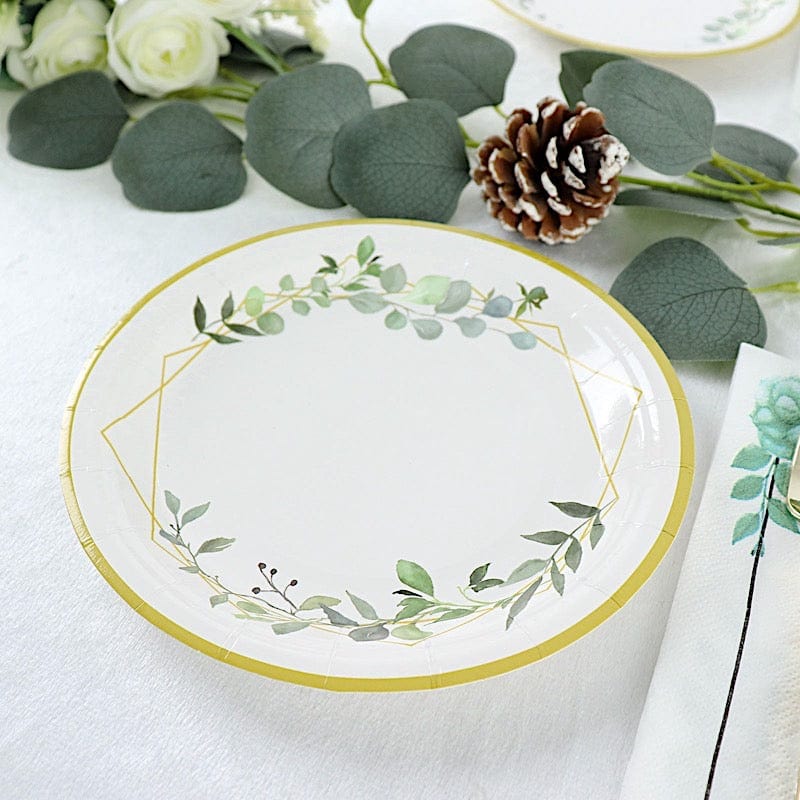 24 White Round Disposable Paper Salad and Dinner Plates with Leaf and Gold Trim