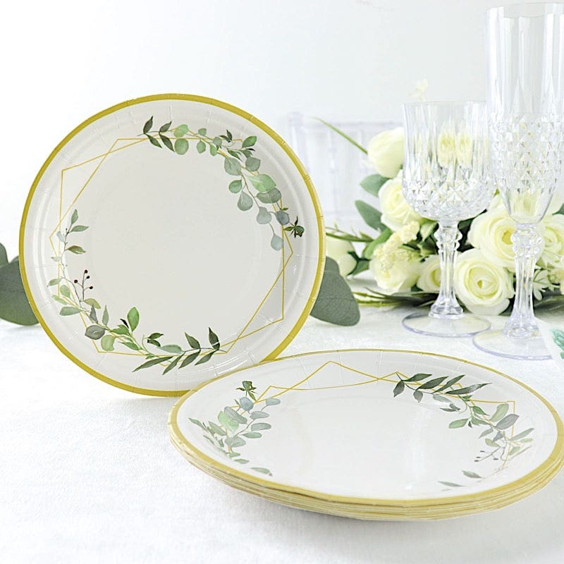 24 White Round Disposable Paper Salad and Dinner Plates with Leaf and Gold Trim