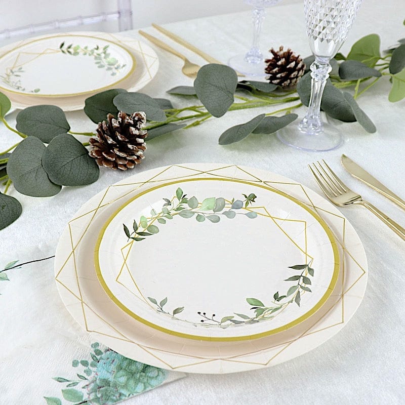 24 White Round Disposable Paper Salad and Dinner Plates with Leaf and Gold Trim