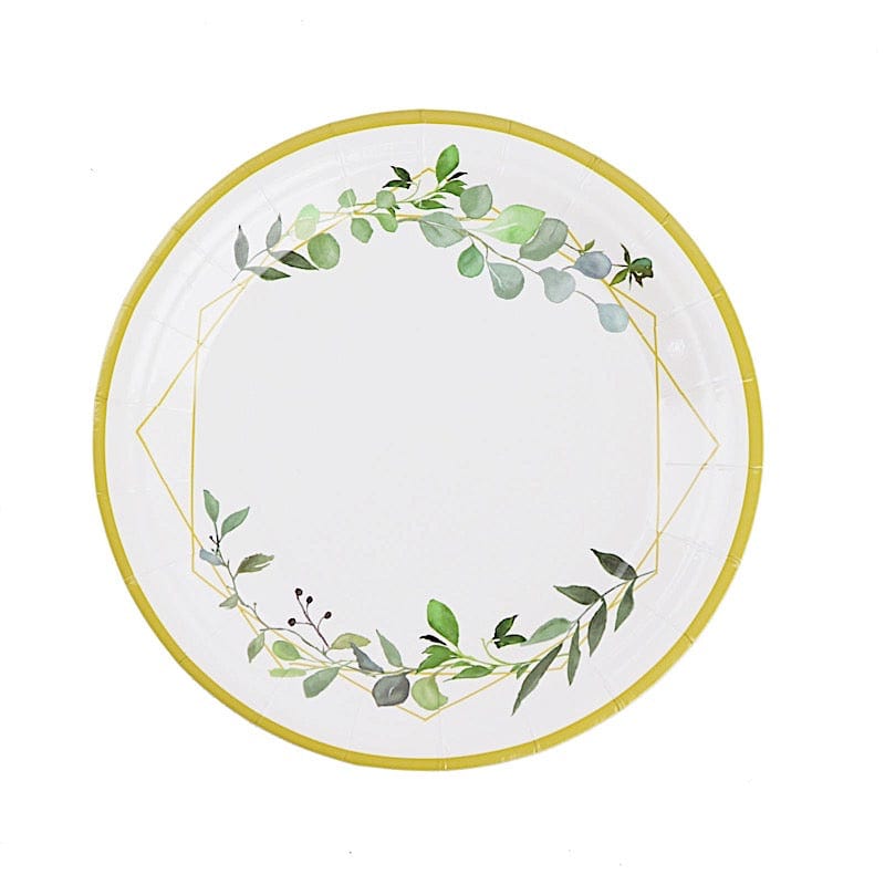 24 White Round Disposable Paper Salad and Dinner Plates with Leaf and Gold Trim