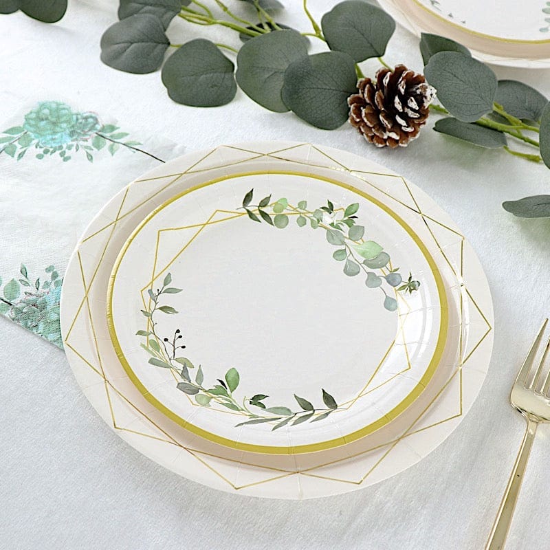 24 White Round Disposable Paper Salad and Dinner Plates with Leaf and Gold Trim