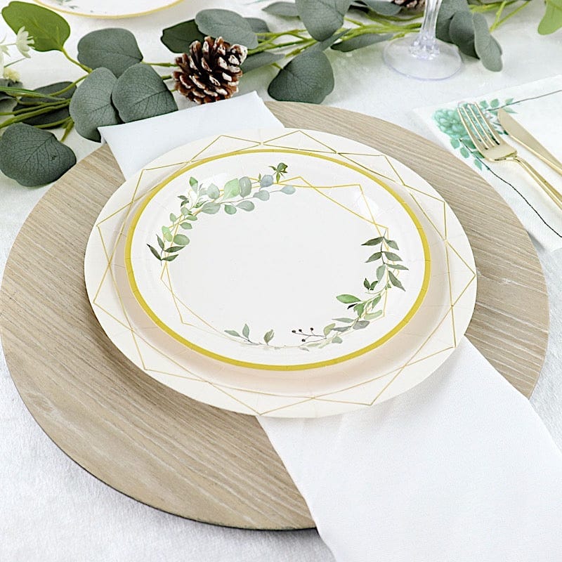 24 White Round Disposable Paper Salad and Dinner Plates with Leaf and Gold Trim