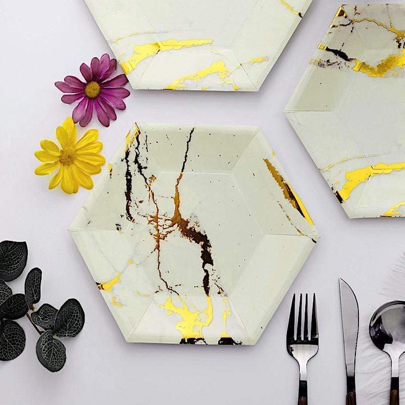 25 pcs 8.5 in Hexagon with Marble Design Disposable Paper Salad Plates