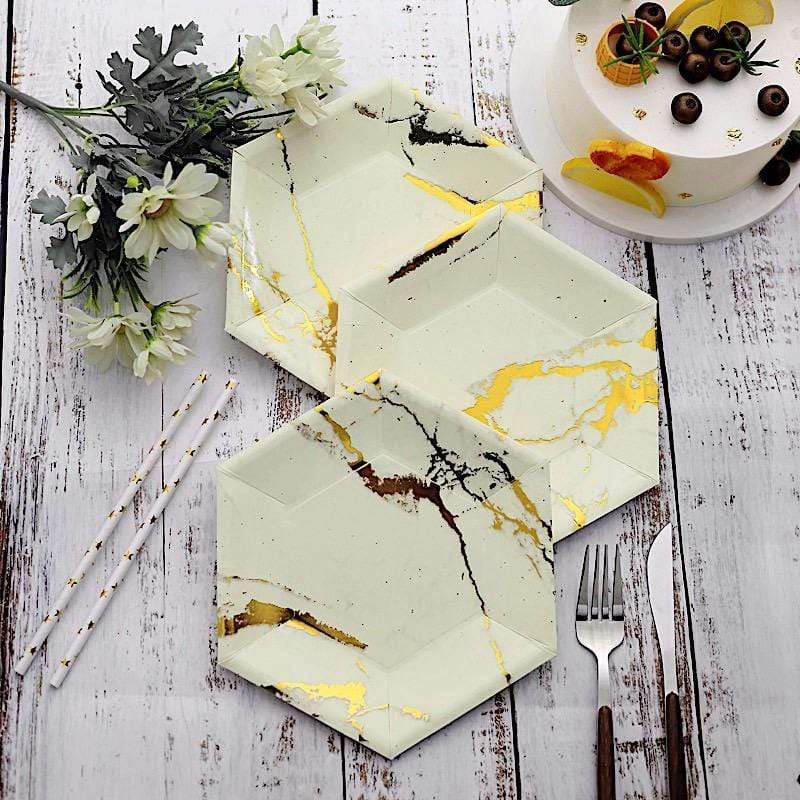 25 pcs 8.5 in Hexagon with Marble Design Disposable Paper Salad Plates