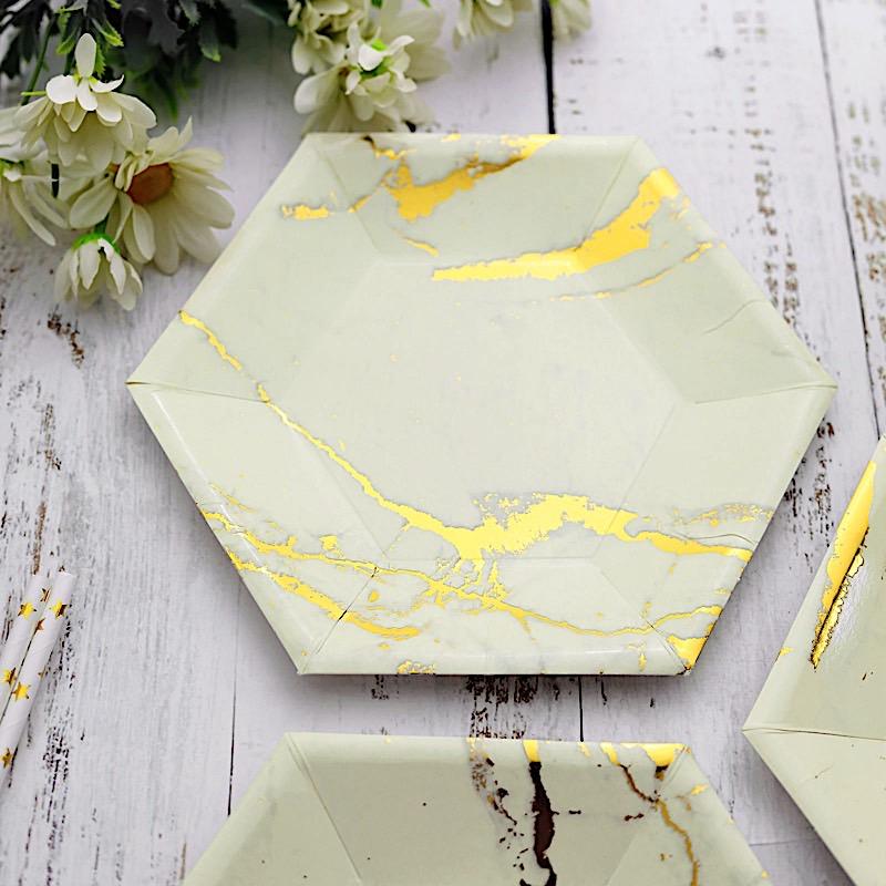25 pcs 8.5 in Hexagon with Marble Design Disposable Paper Salad Plates