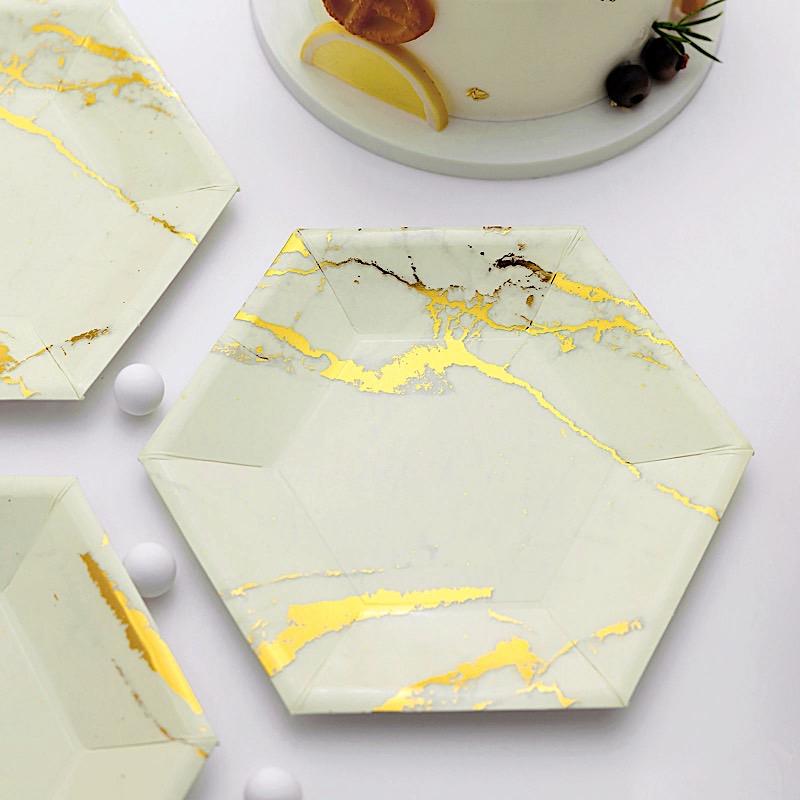25 pcs 8.5 in Hexagon with Marble Design Disposable Paper Salad Plates