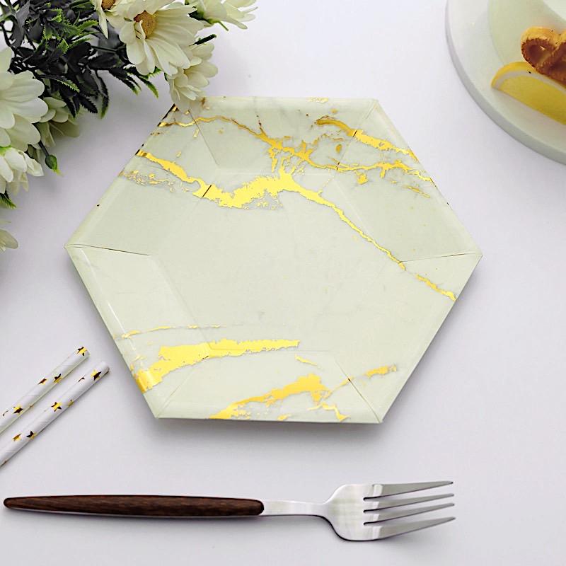 25 pcs 8.5 in Hexagon with Marble Design Disposable Paper Salad Plates