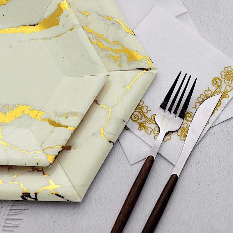 25 pcs 8.5 in Hexagon with Marble Design Disposable Paper Salad Plates