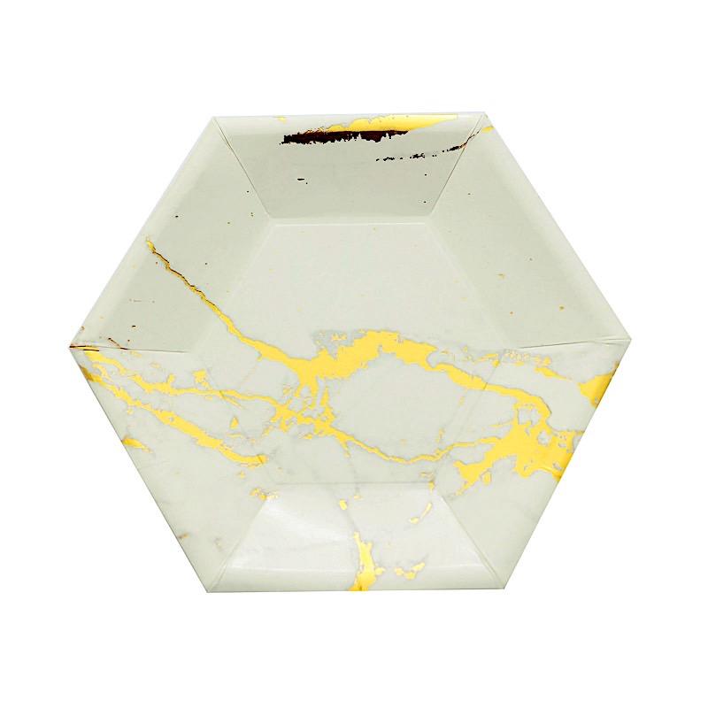 25 pcs 8.5 in Hexagon with Marble Design Disposable Paper Salad Plates