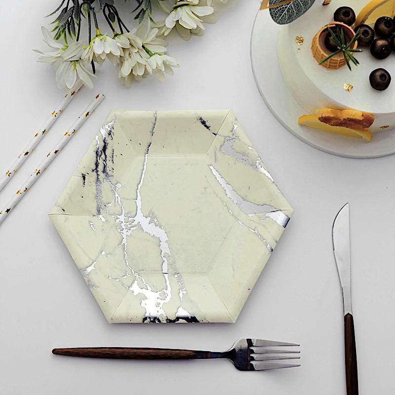 25 pcs 8.5 in Hexagon with Marble Design Disposable Paper Salad Plates