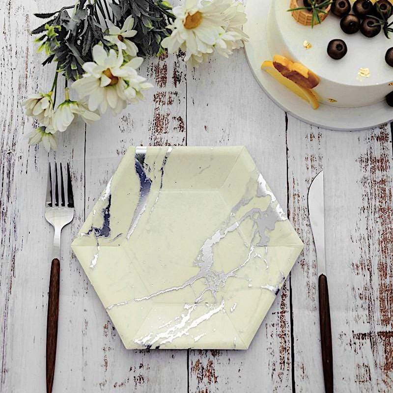 25 pcs 8.5 in Hexagon with Marble Design Disposable Paper Salad Plates