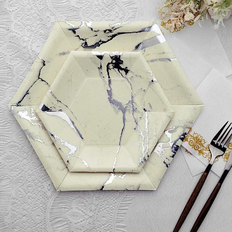 25 pcs 8.5 in Hexagon with Marble Design Disposable Paper Salad Plates
