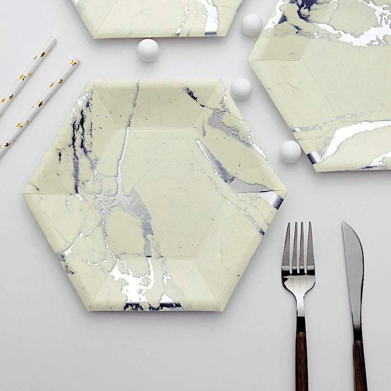 25 pcs 8.5 in Hexagon with Marble Design Disposable Paper Salad Plates