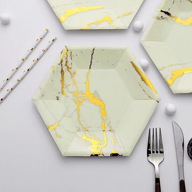 25 pcs 8.5 in Hexagon with Marble Design Disposable Paper Salad Plates