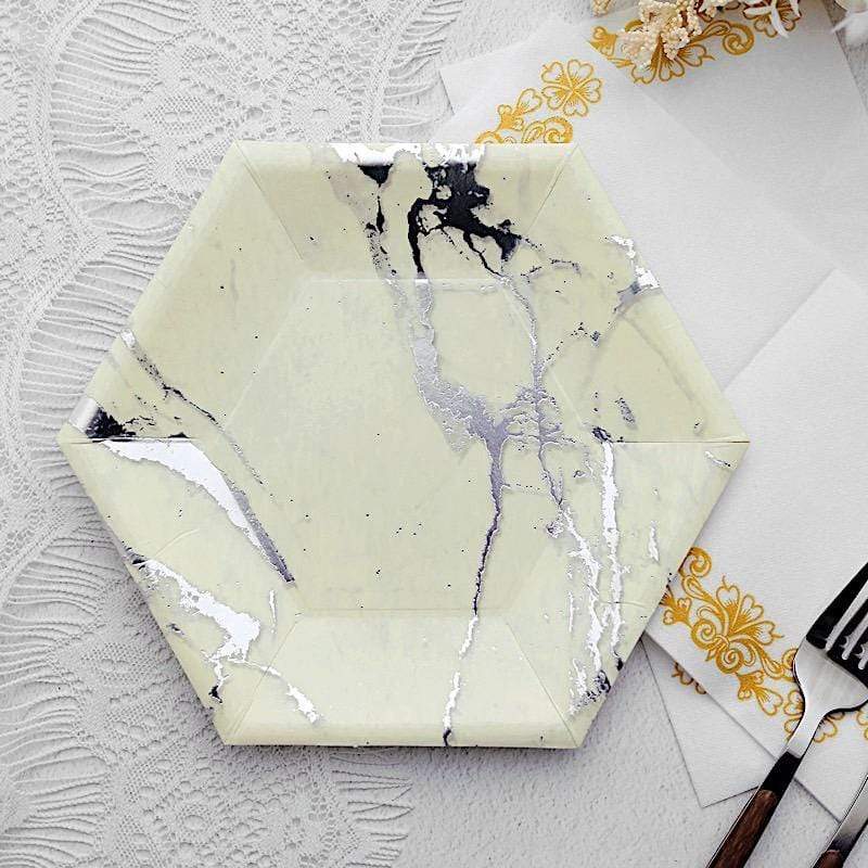25 pcs 8.5 in Hexagon with Marble Design Disposable Paper Salad Plates