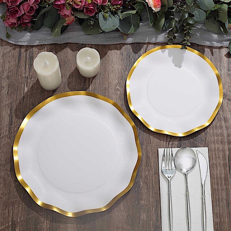 25 Round Disposable Dinner Salad Paper Plates with Gold Wavy Trim