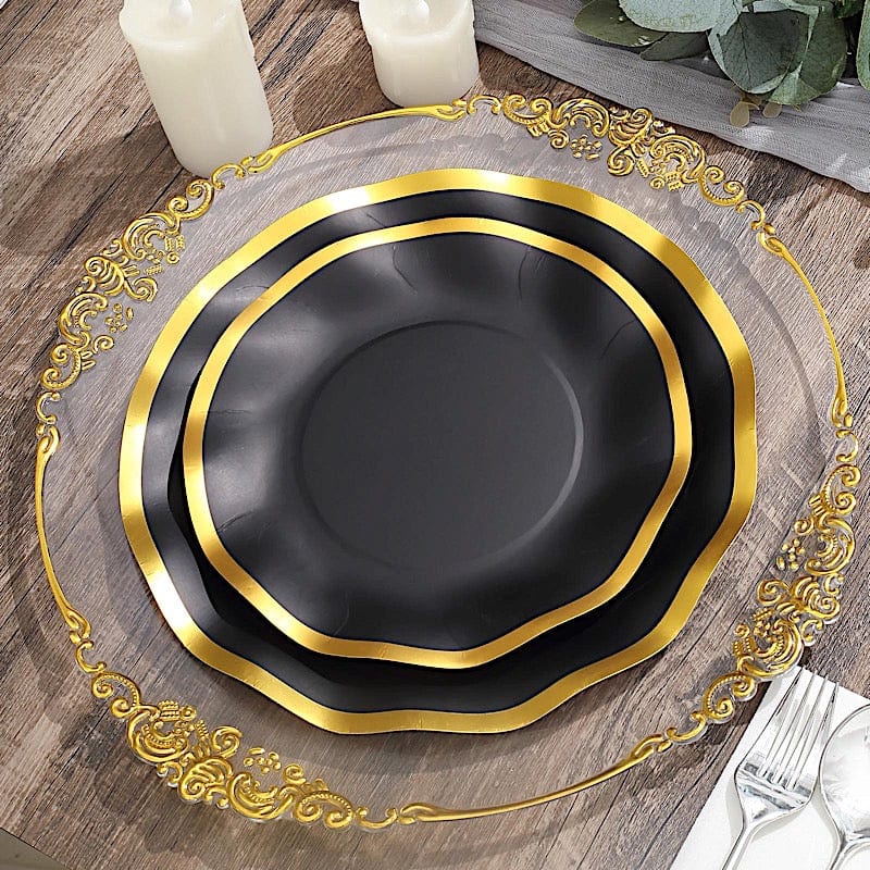 25 Round Disposable Dinner Salad Paper Plates with Gold Wavy Trim