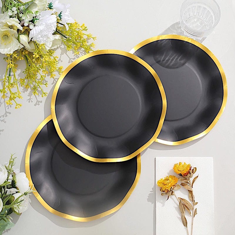 25 Round Disposable Dinner Salad Paper Plates with Gold Wavy Trim