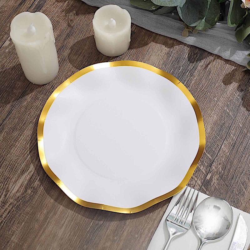 25 Round Disposable Dinner Salad Paper Plates with Gold Wavy Trim