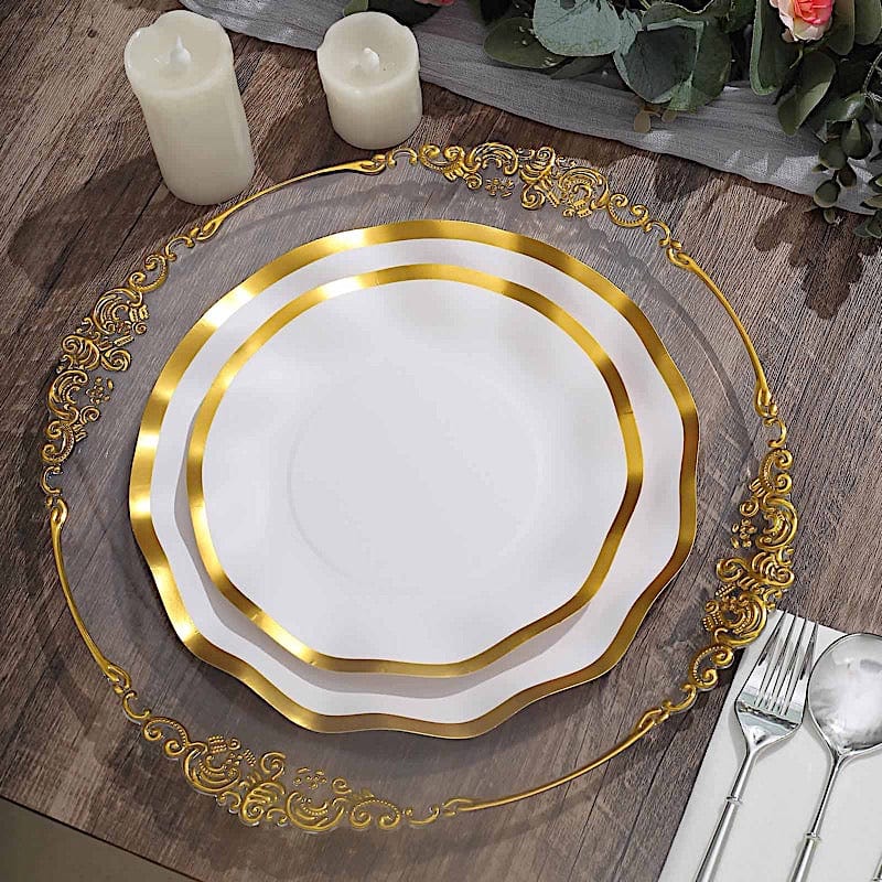 25 Round Disposable Dinner Salad Paper Plates with Gold Wavy Trim