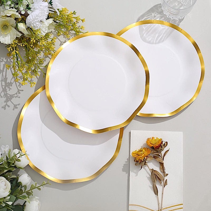25 Round Disposable Dinner Salad Paper Plates with Gold Wavy Trim