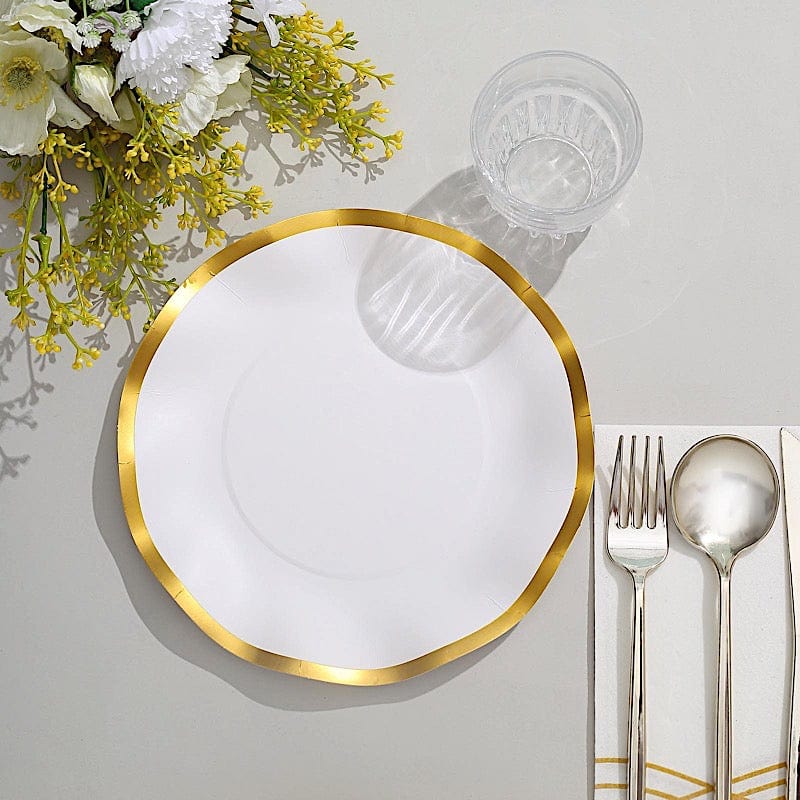 25 Round Disposable Dinner Salad Paper Plates with Gold Wavy Trim