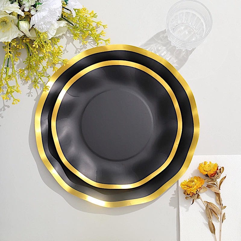 25 Round Disposable Dinner Salad Paper Plates with Gold Wavy Trim