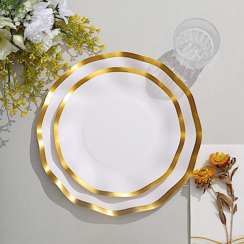 25 Round Disposable Dinner Salad Paper Plates with Gold Wavy Trim