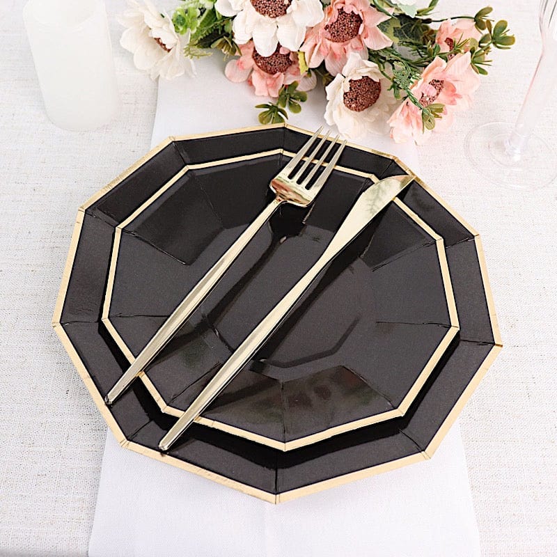 25 Decagon 9 in Disposable Paper Dinner Plates with Gold Trim