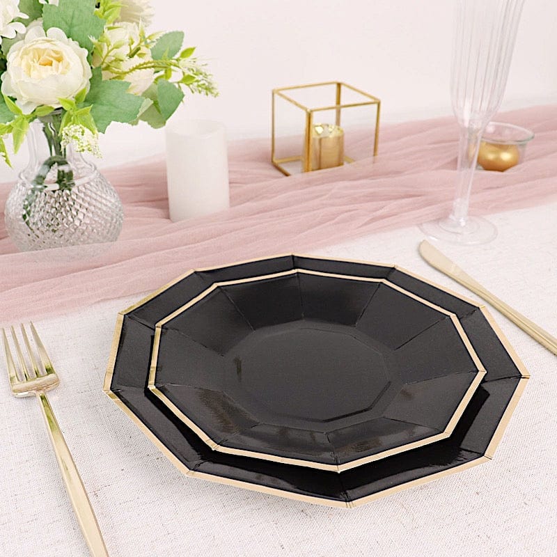 25 Decagon 9 in Disposable Paper Dinner Plates with Gold Trim