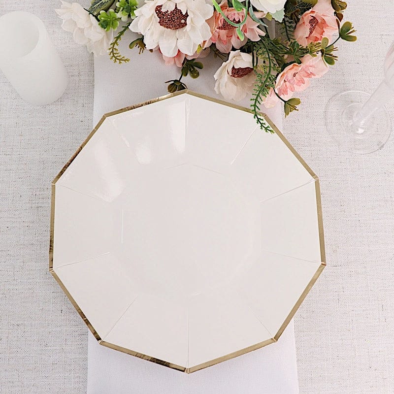 25 Decagon 9 in Disposable Paper Dinner Plates with Gold Trim