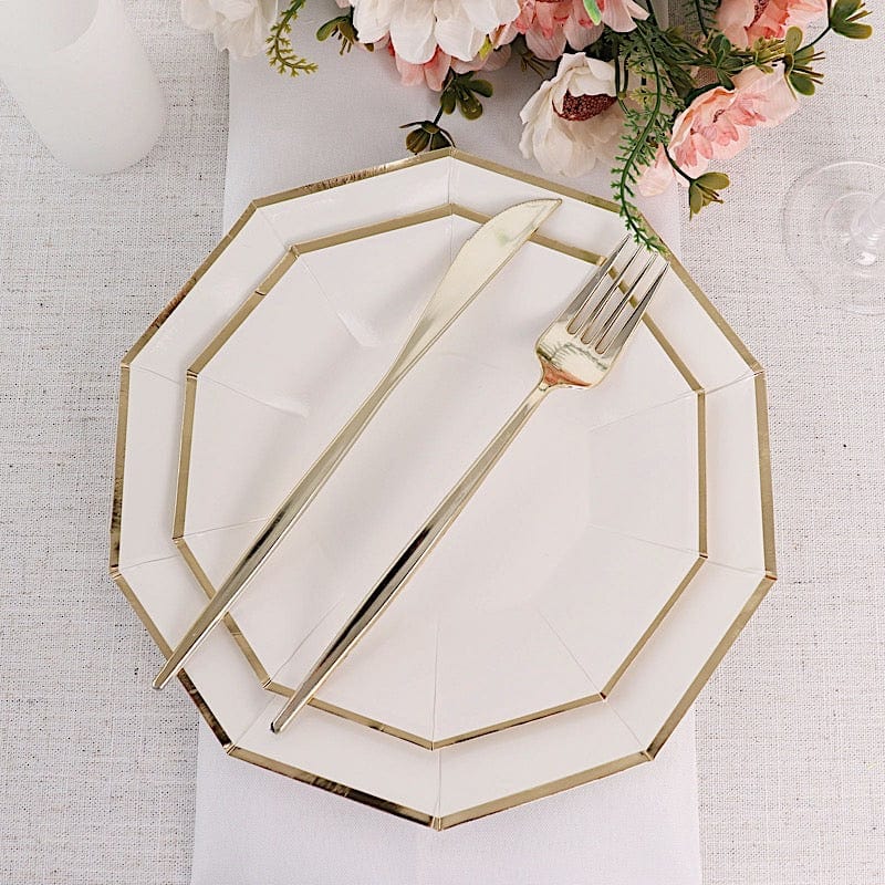 25 Decagon 9 in Disposable Paper Dinner Plates with Gold Trim