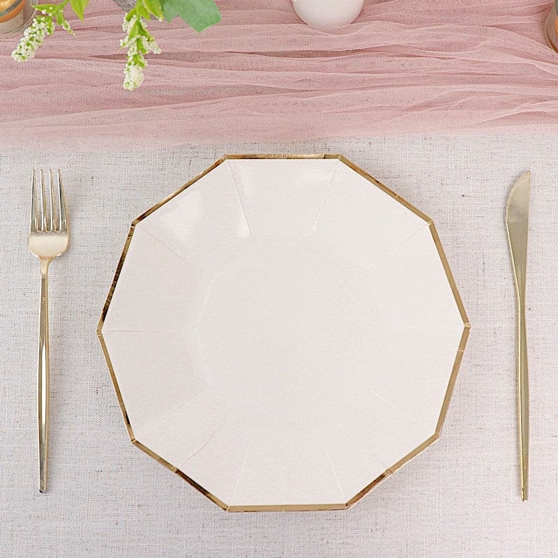 25 Decagon 9 in Disposable Paper Dinner Plates with Gold Trim
