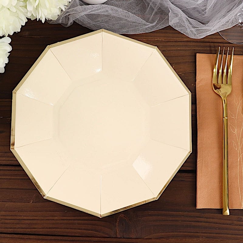 25 Decagon 9 in Disposable Paper Dinner Plates with Gold Trim