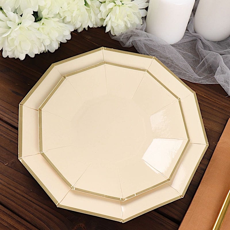 25 Decagon 9 in Disposable Paper Dinner Plates with Gold Trim